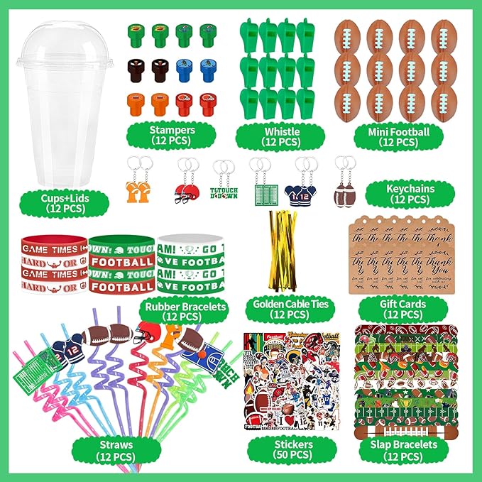Football Party Favors 170 Pcs Football Birthday Party Decoration With Cups Straws Slap Bracelets Whistles Stress Balls Wristbands Keychains Stamps Stickers Thank you Tags(Football)