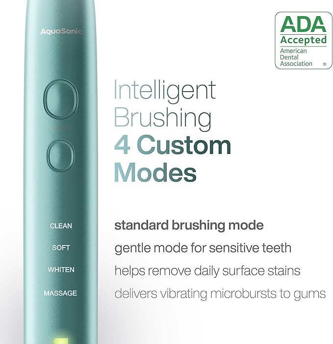 Aquasonic Vibe Series Ultra-Whitening Toothbrush – ADA Accepted Power Toothbrush - 8 Brush Heads & Travel Case – 40,000 VPM Motor & Wireless Charging - 4 Modes w Smart Timer – Mint Green Metallic