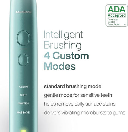 Aquasonic Vibe Series Ultra-Whitening Toothbrush – ADA Accepted Power Toothbrush - 8 Brush Heads & Travel Case – 40,000 VPM Motor & Wireless Charging - 4 Modes w Smart Timer – Mint Green Metallic