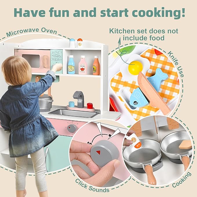 Wooden Play Kitchen Toy Kitchen Set with Stove,Oven,Sink,Fridge and 11 Pcs Kitchen Playset Accessories, Play Kitchen Sets for Kids,Toddler Kitchen Playset,Montessori Toys for Kids 4-8 Year Boys&Girl