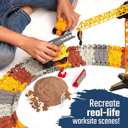 JITTERYGIT Construction Race Track Site Toy - Including Sandbox Vehicles, Trucks, Excavator, Bulldozer, Dump Truck, Crane - Birthday Gift for Kids, Boys, Girls, Toddlers for Ages 3 4 5 6 7 8 Year Old