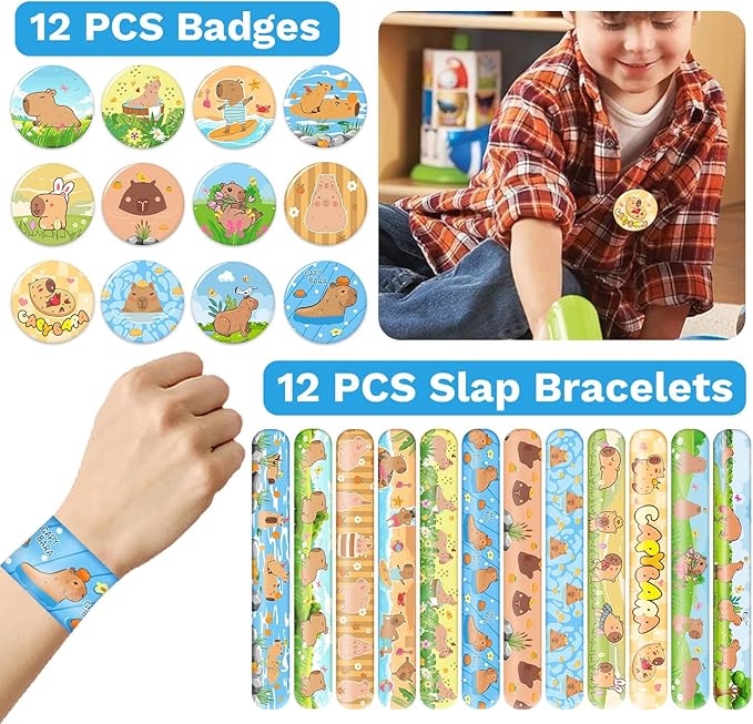 98 PCS Capybara Party Favors, Capybara Temporary Tattoos, Slap Bracelets, Keychains, Stickers, and Badges for Kids Capybara Birthday Party Decorations and Classroom Rewards