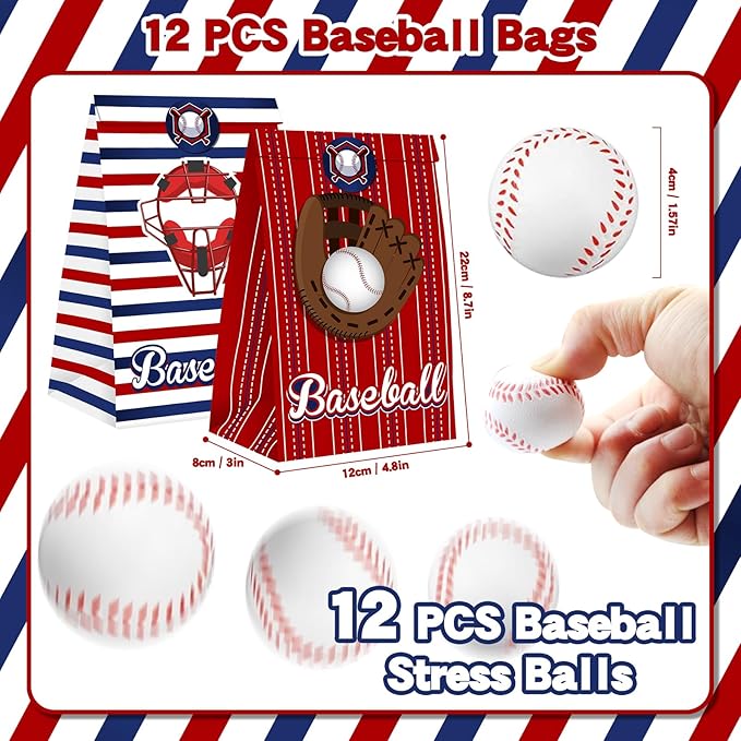 122Pcs Baseball Party Favors Baseball Goodie Bags Favors with Stress Ball Keychain Tattoo Sticker Silicone Bracelet for Baseball Themed Birthday Party Supplies