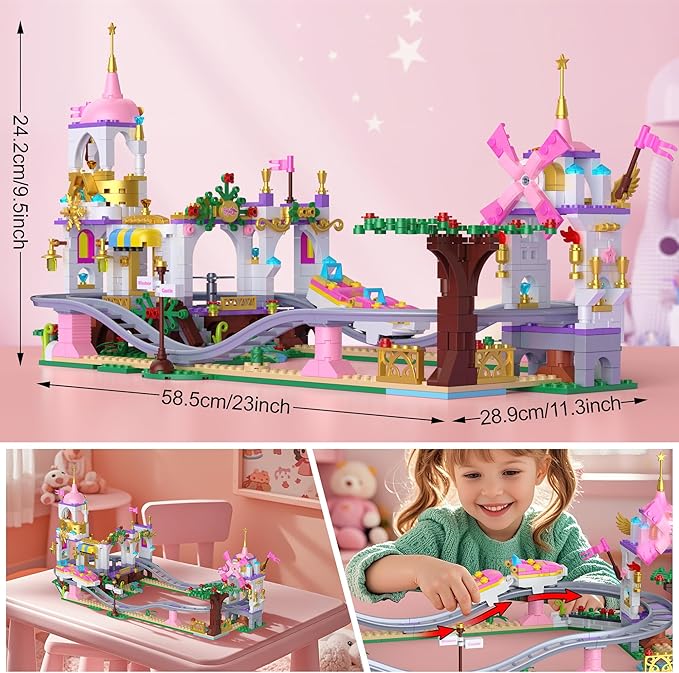 Castle Roller Coaster Building Set – 738Pcs STEM Amusement Park Construction Kit for Kids, Creative Pink Playground Blocks Birthday for Girls Boys Ages 6-12