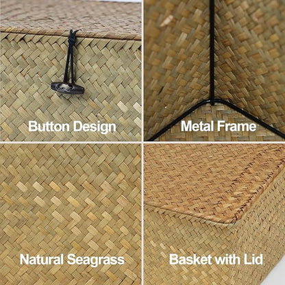 Wicker Storage Basket with Lid, Natural Seagrass Storage Baskets for Organizing, Rectangular Woven Basket for Storage, Decorative Boxes Bins with Lids Home Organizer Decor