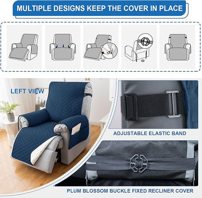 100% Waterproof Recliner Chair Covers That Stay in Place, Non-Slip Recliner Cover with 5 Pockets, Elastic Straps, Washable Reclining Chair Protector for Kids, Pets, Dogs, Dark Blue