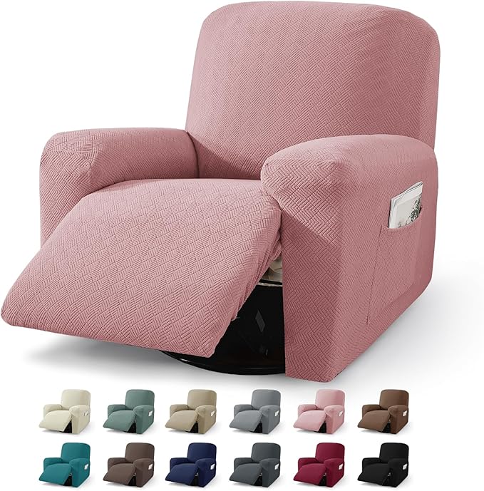 JIVINER 3 Piece Oversized Recliner Covers for Large Recliner with Pockets Stretch Jacquard Lazy Boy Reclining Couch Cover Soft Furniture Couch Protector with Elastic Bottom (1 Seater-XL, Dusty Pink)
