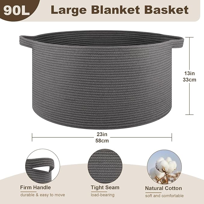 OIAHOMY 90L Blanket Basket for Living Room, Large Basket 23" x 23" x 13" with Handle, Laundry Hamper for Blankets, Pillows, Toy Storage for Kids, Dogs - Grey