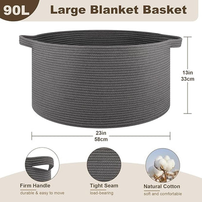 OIAHOMY 90L Blanket Basket for Living Room, Large Basket 23" x 23" x 13" with Handle, Laundry Hamper for Blankets, Pillows, Toy Storage for Kids, Dogs - Grey