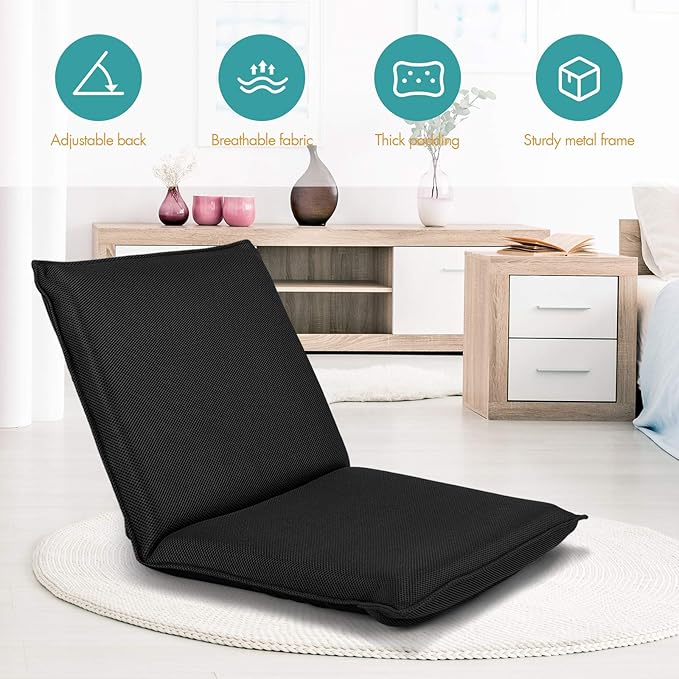S AFSTAR Adjustable Floor Chair, Cushioned Lounger Recliner with 6-Position Comfortable Back Support & Thick Padded, Lazy Sofa Floor Gaming Chair, Floor Seat for Gaming Reading Meditation (Black)