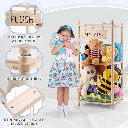 GLDZI Stuffed Animal Storage Zoo, Wooden Stuffed Animal Organizer with Elastic Cords for Boys Girls, Space Saving Toy Plushies Storage Holder for Playroom, Bedroom, Living Room (Burlywood, Small)