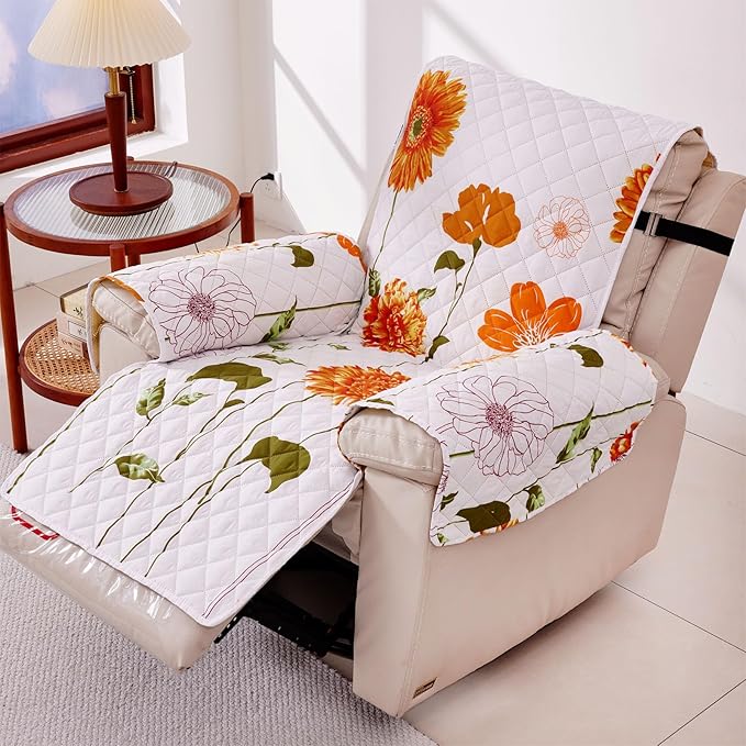 EVENHUG Recliner Sofa Cover Sunflower Sofa Slipcover Washable Couch Cover for Reclining Couch Furniture Protector Cover with Elastic Straps for Pets Kids Dog Cat (Recliner,Orange)