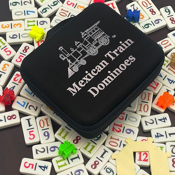 Double 12 Mexican Train Number Dominoes to Go Travel Size with Zip Up Case, Hub & 8 Domino Trains