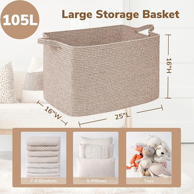 Goodpick 105L Large Woven Storage Basket, Rectangle Cotton Rope Basket for Blankets, Clothes, Oversized Toy Storage Organizer for Living Room, Nursery, 25"x16"x16", Brown