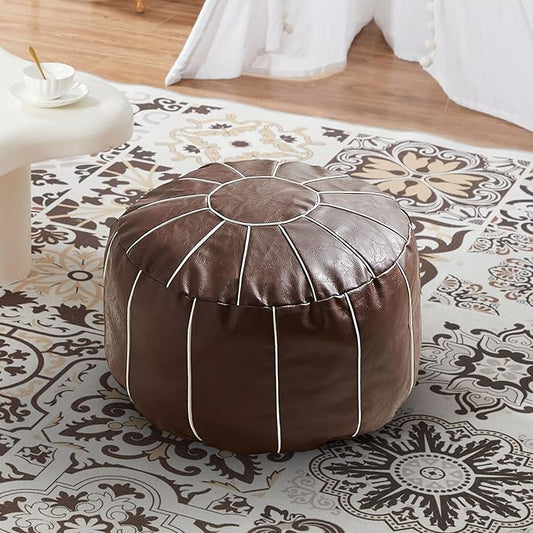 Louis Donné Unstuffed Pouf Ottoman Cover, Handmade Moroccan Foot Stool for Foot Rest, Round Faux Leather Small Bean Bag with Storage Solution, Floor Pouffe Footstool for Living Room, Bedroom Balcony