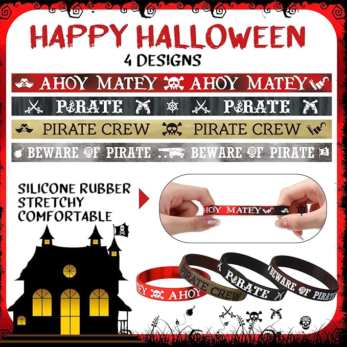 Capoda 24 Pieces Pirate Silicone Bracelets Ahoy Matey Caribbean Rubber Wristbands Skull Pirate Ship Party Favors for Girls Boys Pirate Theme Birthday Party Decorations Halloween Party Supplies