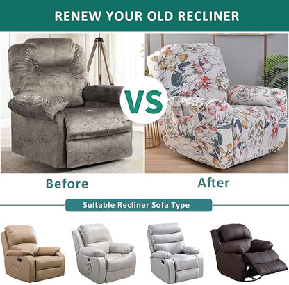 NILUOH Stretch Recliner Cover 4 Pieces Printed Lazy Boy Chair Covers Floral Patterned Recliner Sofa Slipcover Anti-Slip Fitted Furniture Protector with Elastic Bottom, A2