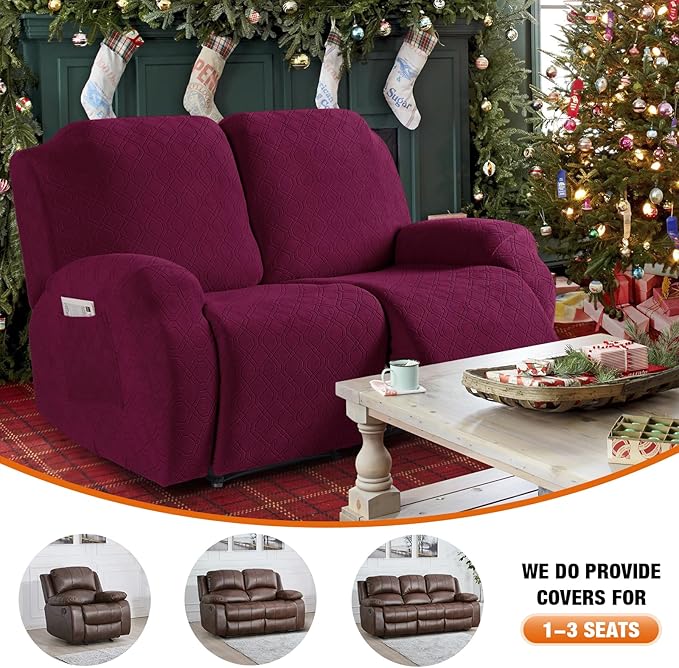 VANSOFY Recliner Cover, 2-Pieces Stretch Reclining Couch Cover with Pockets Loveseat Sofa Slipcovers Soft Washable Furniture Protector for Dogs Cats(Burgundy)