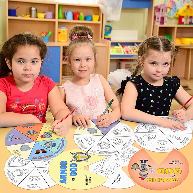 COcnny 24 Sets Armor Of God Color Wheel Craft, Color Your Own Knight Art for Kids, Religious Bible Coloring DIY Crafts Art Cards Game for Sunday School Christian Classroom Home Activities VBS Supplies