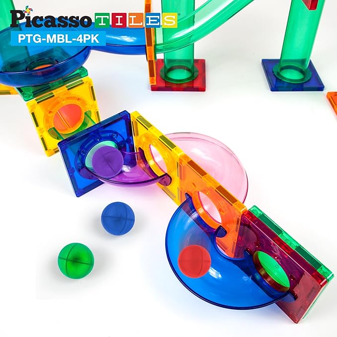 PicassoTiles 4pc Marbles for Magnetic Block Tiles Marble Run Race Track Magnet Building Tile Blocks Racetrack Maze Construction Toys Creative Toy Girls Boys 3 and Up Early Education STEM Learning Kit