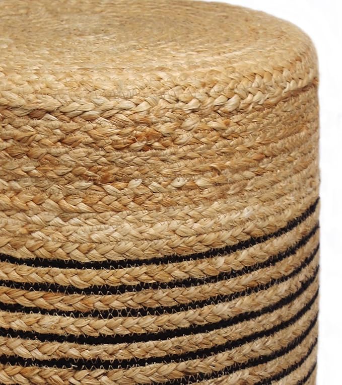 COTTON CRAFT Braided Pouf – Cylindrical Jute Cotton Ottoman - Boho Foot Stool - Bedroom Dorm Family Room Accent Seating – Rustic Decorative Round Pouf – 15 Dia x 16 Height - Natural Black Stripe