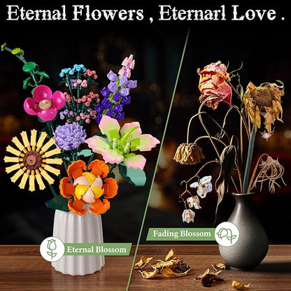 Flowers Bouquet Building Set, DIY Home Offic Botanical Bouquet Decoration Kit, Creative Gift for Women, Girls, Kids, Adults - Great for Birthdays, Christmas and More (861Pcs)