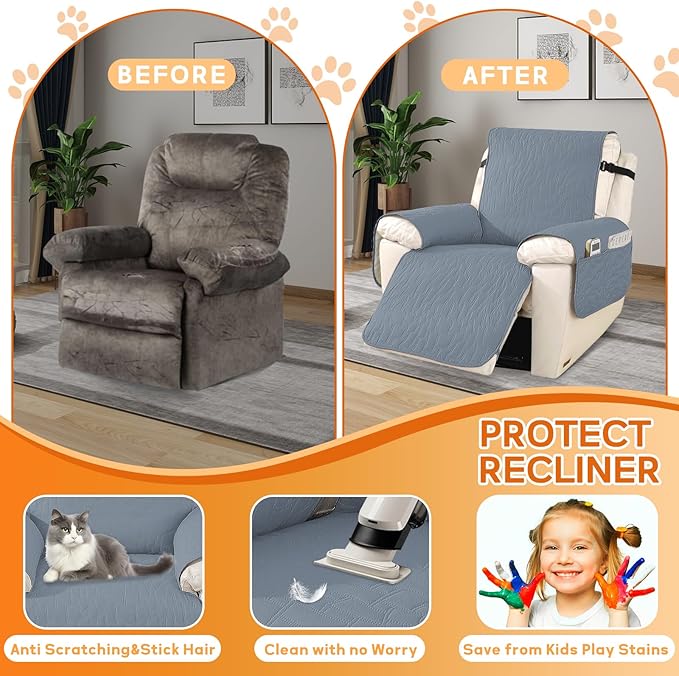 XINEAGE 100% Waterproof Recliner Chair Covers with Elastic Straps, Nonslip Reclining Couch Covers Washable Recliner Couch Cover with Pockets Furniture Protector for Pets Dogs (Greyish Blue, 23")