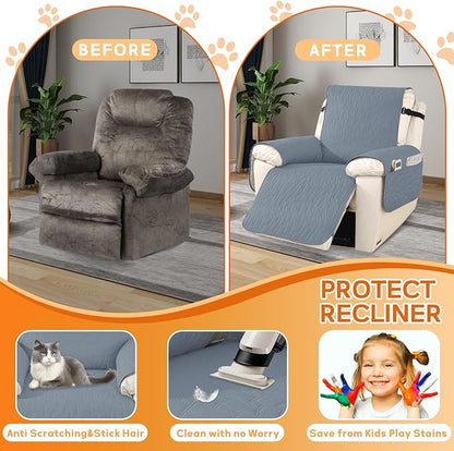 XINEAGE 100% Waterproof Recliner Chair Covers with Elastic Straps, Nonslip Reclining Couch Covers Washable Recliner Couch Cover with Pockets Furniture Protector for Pets Dogs (Greyish Blue, 23")