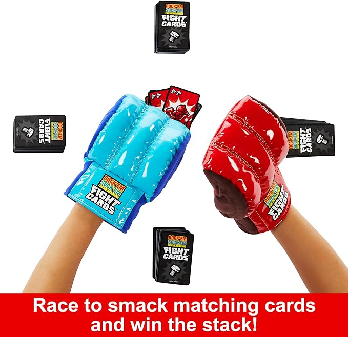 Mattel Games Rock ‘Em Sock ‘Em Robots Fight Cards Card Game, Team Party Game for Kids & Adults with 2 Boxing Gloves