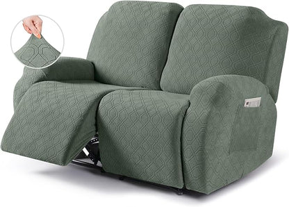 VANSOFY Recliner Cover, 2-Pieces Stretch Reclining Couch Cover with Pockets Loveseat Sofa Slipcovers Soft Washable Furniture Protector for Dogs Cats(Bean Green)