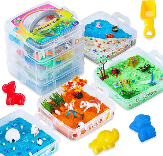 AGENTLAN 4 Seasons Stackable Sensory Bin，Mini Sandbox for Spring, Summer, Fall & Winter. Sensory Toys with Play Sand for Toddlers Boys and Girls, Kids Toys Gift Sand Box for Age 3 4 5 6 7 8
