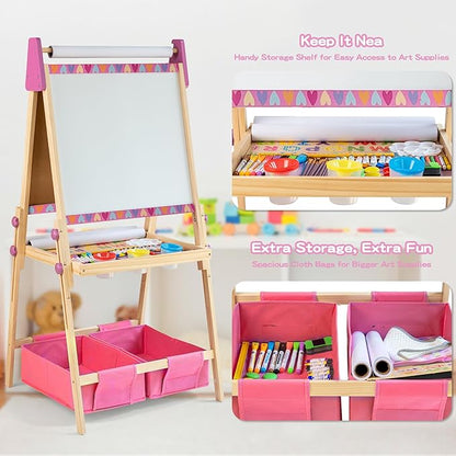 3-in-1 Adjustable Kids Art Easel with Magnetic Whiteboard, Chalkboard & 3 Paper Rolls, All-in-One Double Sided Wooden Painting Easel with Accessories for Toddlers and Kids Ages 3+