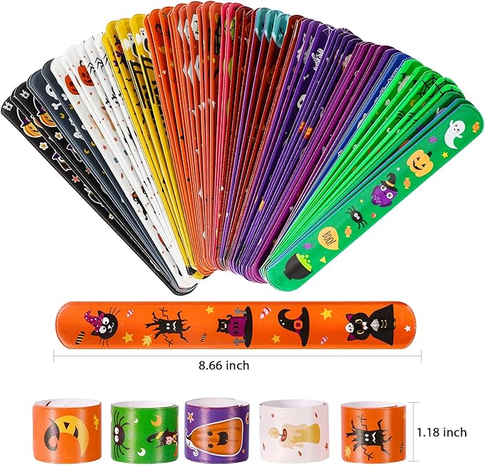 MGparty 72PCS Halloween Slap Bracelets 24 Halloween Theme Designs Spider Pumpkin Ghost Zombie Bat Witches Snap Bracelet for Kids Party Favors Toys Prizes Pinata Goodie Bags Fillers