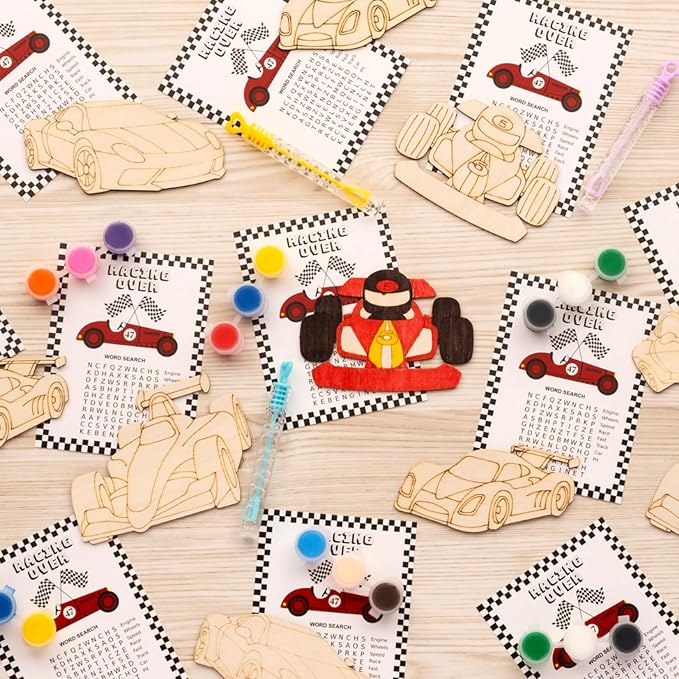 GEECOZYLIFE Race Car Painting Party Favors - 12 PCS Race Car DIY Wood Crafts Kit with Bubble Wands - Birthday Supplies Classroom Rewards Gifts Bulk - Thank You for Coming Gifts