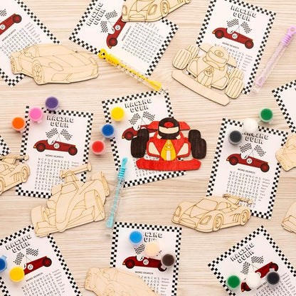 GEECOZYLIFE Race Car Painting Party Favors - 12 PCS Race Car DIY Wood Crafts Kit with Bubble Wands - Birthday Supplies Classroom Rewards Gifts Bulk - Thank You for Coming Gifts