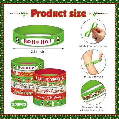 Syhood 200 Pieces Christmas Silicone Bracelets Rubber Wristbands Bulk Merry Christmas Bracelets Gifts for Kids Adult Xmas Party Favors Stocking Stuffers, 10 Style (Red, Green, White)