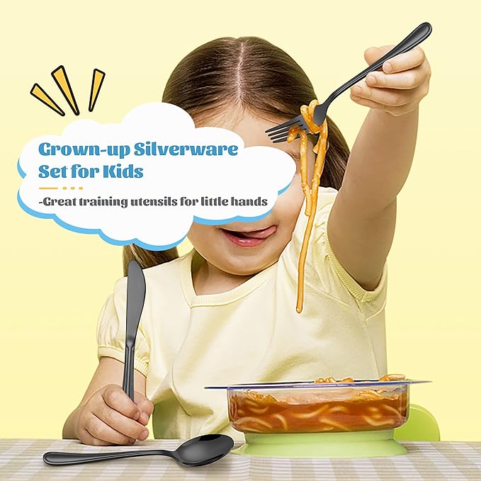 12-Piece Black Kids Silverware, E-far Stainless Steel Toddler Kids Utensils Safe for Preschooler/Children, Includes 4 Forks 4 Spoons 4 Knife, Slimline Look & Small Size, Healthy & Rust Free