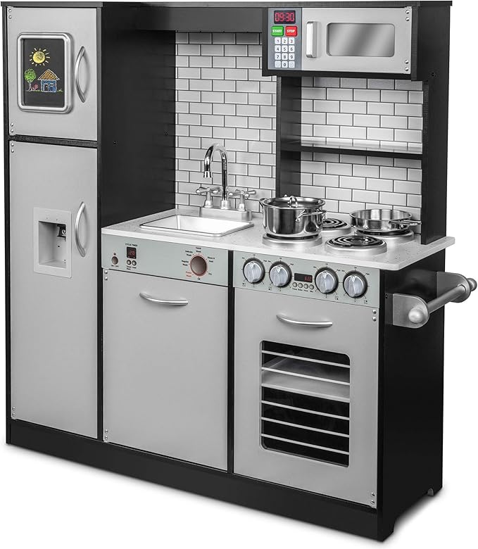 Lil' Jumbl Kids Kitchen Set, Pretend Wooden Play Kitchen, Battery Operated Icemaker & Microwave with Realistic Sound, Pots & Pan Included - Charcoal