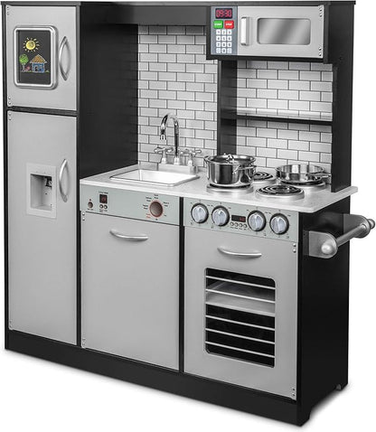 Lil' Jumbl Kids Kitchen Set, Pretend Wooden Play Kitchen, Battery Operated Icemaker & Microwave with Realistic Sound, Pots & Pan Included - Charcoal