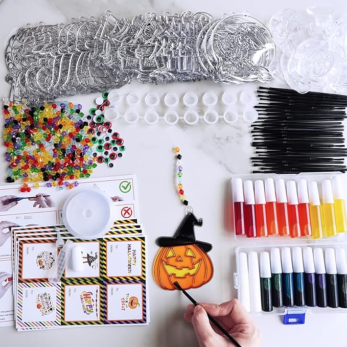 27 Sets Halloween Suncatcher Ornaments Decoration DIY Window Paint Art Craft Kit Jack-O'-Lantern Ghost Vampire Witch Spider Sun Catchers for Halloween Classroom Party Art Activity Trick or Treat Gift