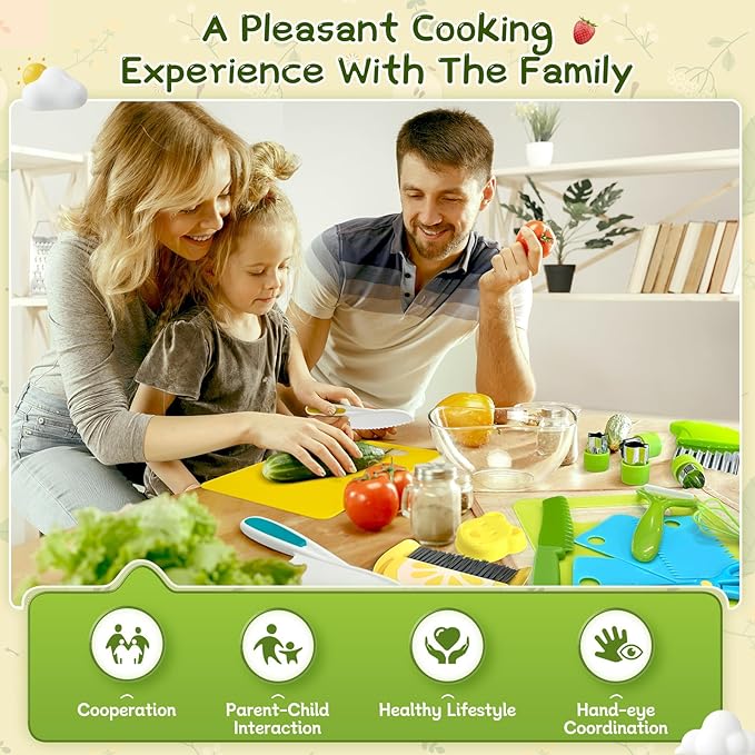 Chanking 21 Pieces Kids Safe Knife Set for Real Cooking Child-Friendly Plastic Chef Tools Montessori Kitchen Toys for Toddlers Birthday Gifts for Boys and Girls Ages 4+ (A)