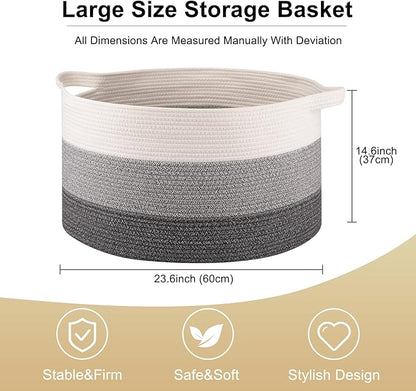 OIAHOMY 105L Blanket Basket for Living Room, Large Basket 23.6" x 23.6" x 14.6" with Handle, Laundry Hamper for Blankets, Pillows, Toy Storage for Kids, Dogs - Gradient Grey