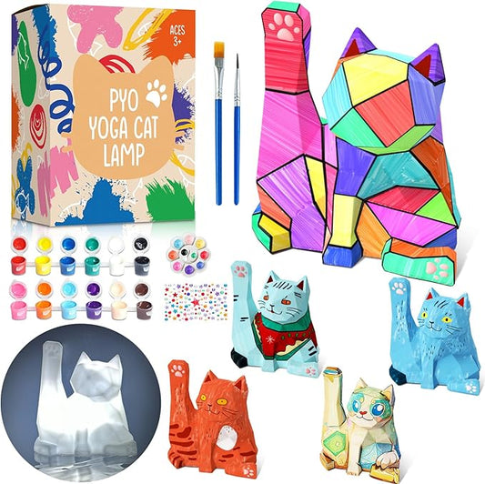 FUNZBO Paint Your Own Cat Lamp Kit - Arts & Crafts Supplies Kitten Painting Kits for Kid Teen Adult, DIY Toy for Toddler Girl Boy Age 3 4 5 6 7 8 9 10 11 12 13 + Easter Valentine Holiday Birthday Gift