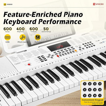 Vangoa Piano Keyboard for Beginners, VGK6101 61 Key Learning Keyboard Piano w/Lighted Keys, Electric Piano Keyboard with 600 Voices & 50 Demos, Stand/Microphone, USB, Record, Split for Students