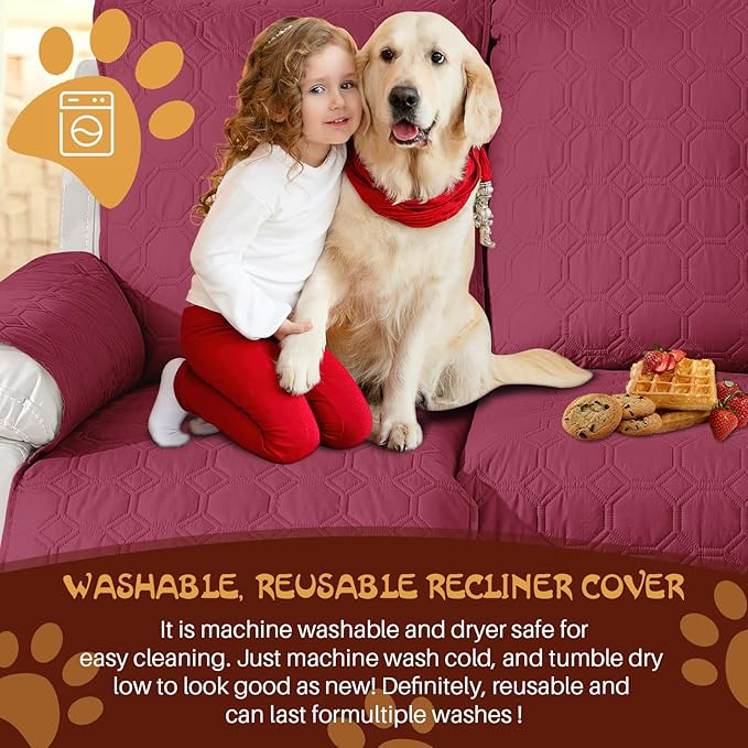 XINEAGE 100% Waterproof Recliner Chair Cover, Non Slip Covers for Recliner Chair with Pocket, Washable Dog Recliner Couch Cover with Elastic Straps (Wine Red, 23.6")