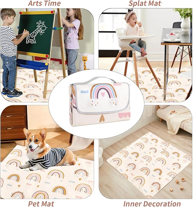 Insular Baby Splat Mat for Under High Chair/Arts/Crafts, Anti Slip and Waterproof Splash Mat for Floor, Portable Picnic Mat, 51x51 Inch, Rainbow