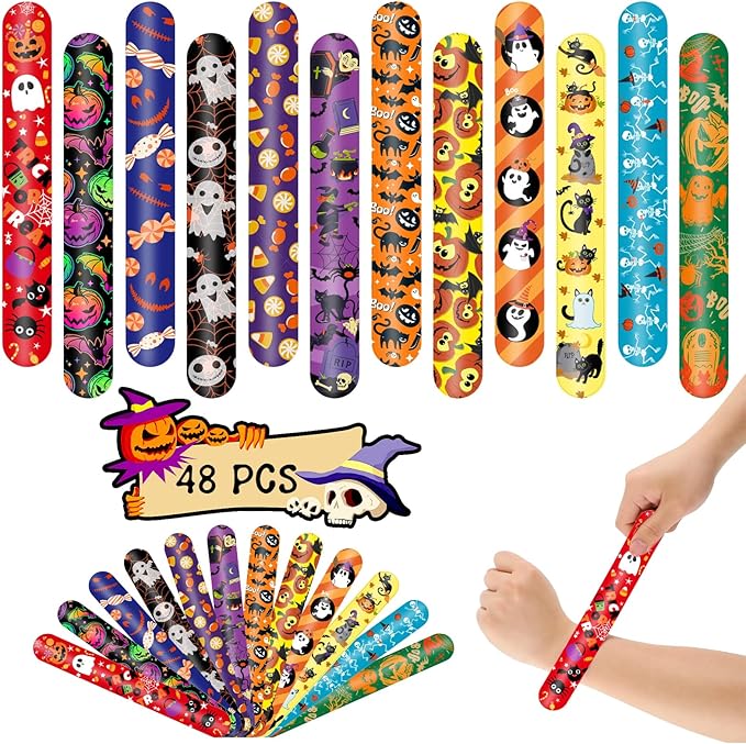 48 Pieces Halloween Slap Bracelets Bulk Party Favors for Kids - 12 Designs Spooky Snap Bands, Trick-or-Treat Goodie Bag Fillers, Classroom Prizes Accessories, Wrist Decorations Gifts Supplies
