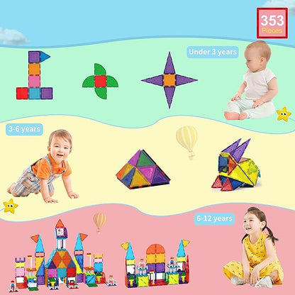 PicassoTiles 353pcsMagnetic Brick Tile and Magnetic Tile Combo Set, Action Figures Included, Building Blocks STEM Toys, Educational Montessori Preschool Toddler Classroom Learning Toys, Kids Activity
