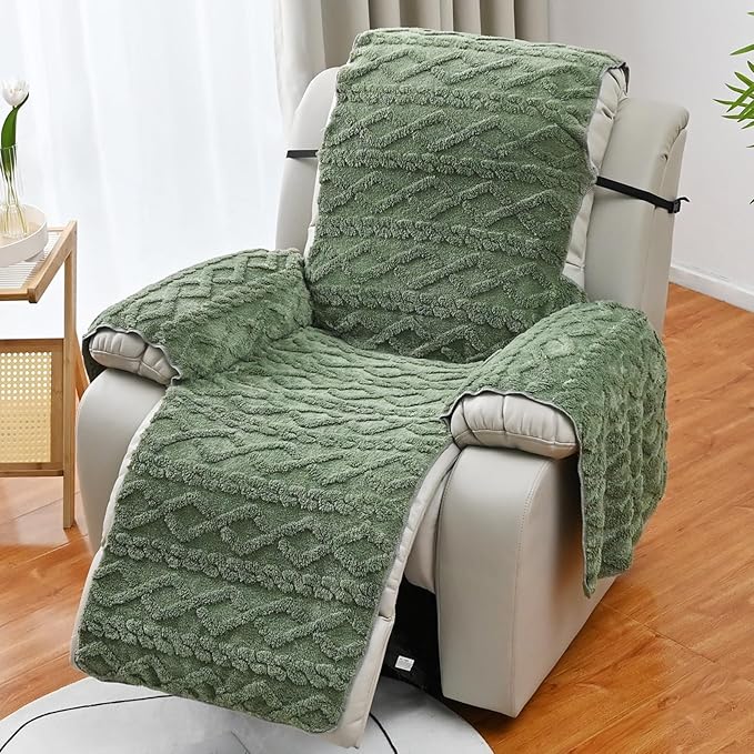 vctops Geometric Jacquard Plush Recliner Chair Cover Soft Fuzzy Fluffy Reclining Chair/Furniture Protector with Elastic Straps for Kids, Pets(Green,21.7")
