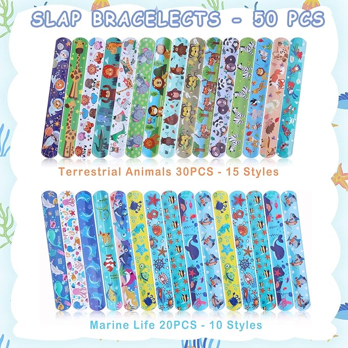 Viicoor Slap Bracelets, 50Pcs Snap Bracelet Wrisrtband for Party Favors Basket Bag Filler School Prizes Birthday Gifts Party Favors Bulk (#4-Marine Animals-50pcs)